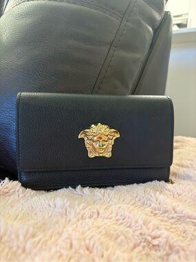 Versace Black Leather Crossbody with Gold Medusa Emblem